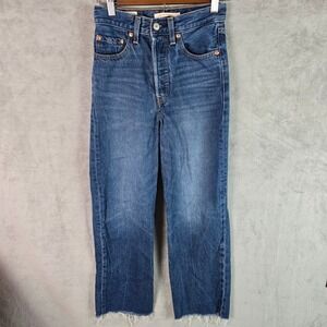 Levis Premium Ribcage Straight Jeans Medium Wash Raw Hem 24 Womens High Rise